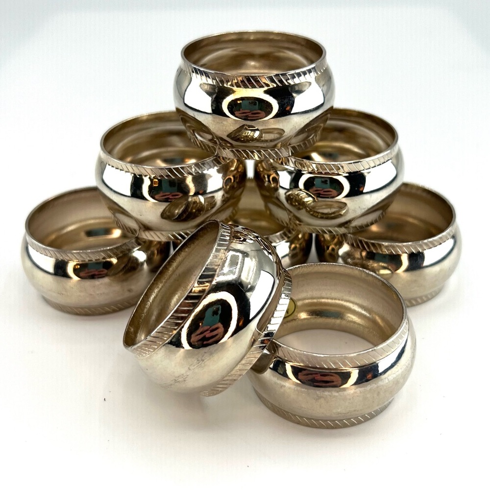 Silver Tone Napkin Rings Detail Edge Set Of 8 Stainless Dinner Accessory